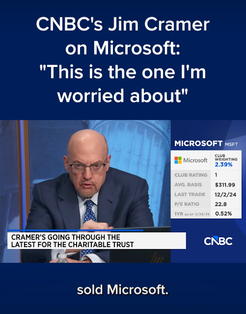 BourbonCap's tweet photo. Jim Cramer: "Microsoft has the weakest AI business and that ridiculous Copilot. It sucks. We should have sold Microsoft" 

When many people were buying $MSFT below $400 this guy was selling.....Absolutely beautiful https://t.co/hiouV6XQH9