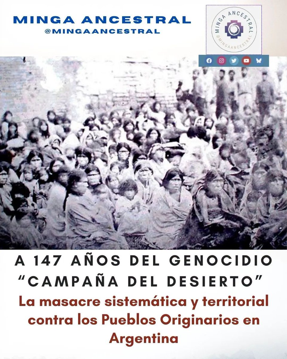 🕯️ A 147 AÑOS DE LA “CAMPAÑA DEL DESIERTO”: el genocidio territorial que la historia hegemónica argentina silenció 🕯️
En 1879 comenzó la “Campaña del Desierto”, definida por investigaciones y el documental Tierra Adentro (2011) como un genocidio sistemático contra los Pueblos