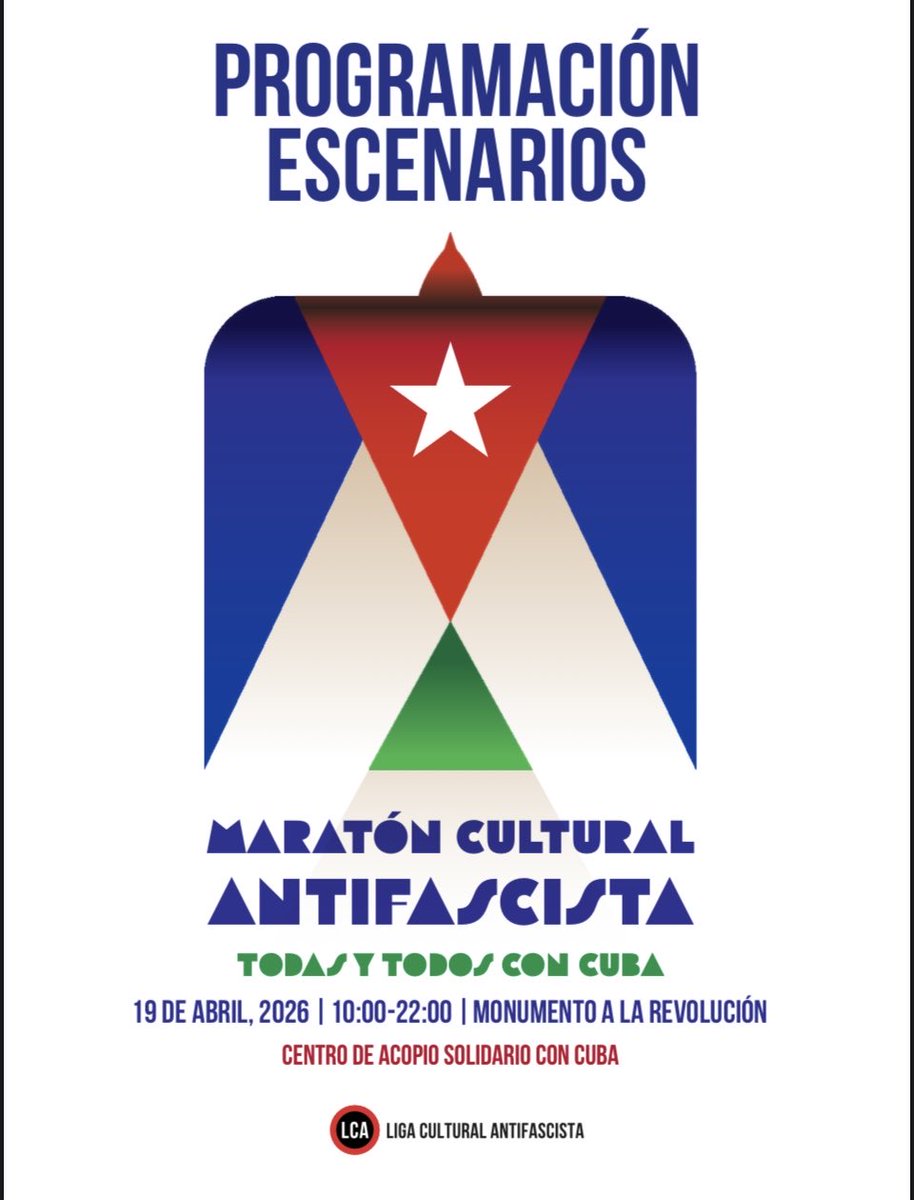 el_llanos's tweet photo. Un precioso domingo…ideal pa’ participar del Maratón Cultural Antifascista, que organiza la @ligaculturalantifascista 👊🏽Nuestra querida #Matria abre el “Foro Venceremos” a las 11 am. ¡No se lo pierdan, es en el Monumento a la Revolución! https://t.co/18fqqwWCar