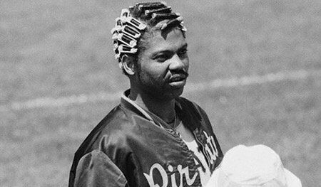 baseballinpix's tweet image. Dock Ellis in curlers prior to a Pirates game.