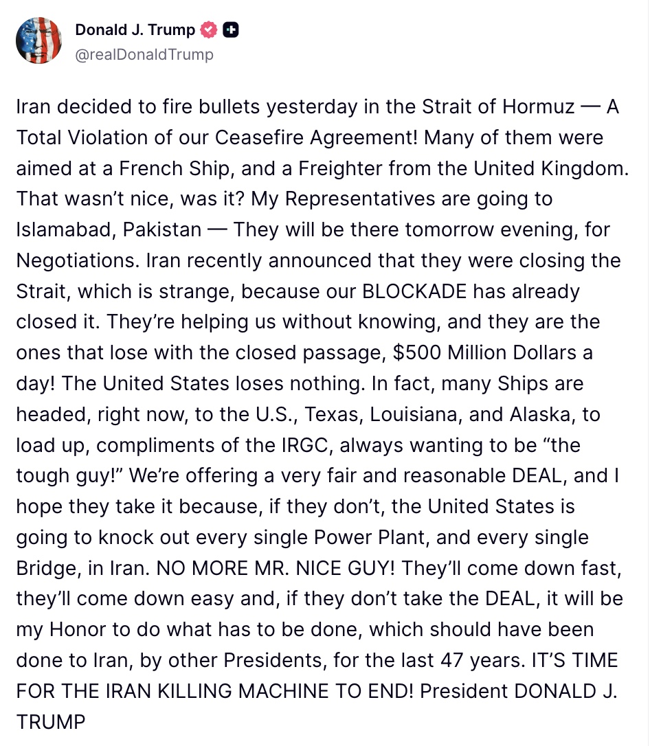 _thisistiff_'s tweet photo. President Trump posts on TruthSocial: Iran decided to fire bullets yesterday in the Strait of Hormuz — A Total Violation of our Ceasefire Agreement! Many of them were aimed at a French Ship, and a Freighter from the United Kingdom.   That wasn’t nice, was it? My Representatives https://t.co/c0QBPT8w9z