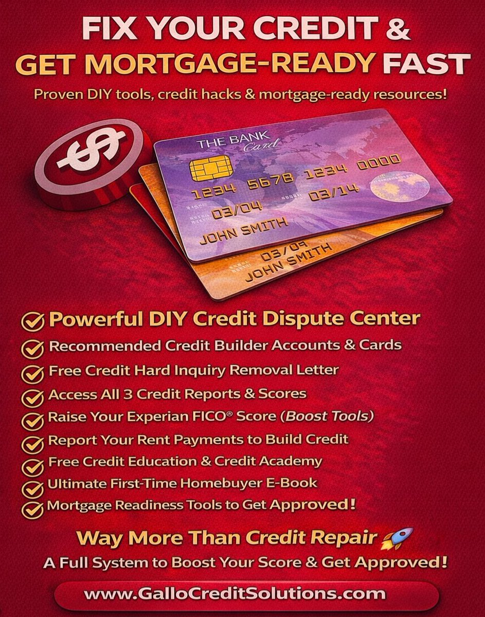 Bad credit doesn’t have to delay buying or refinancing. 💥

Use the right tools to improve your profile and move toward approval faster.

Access the free resources and start fixing your credit today 👇  
GalloCreditSolutions.com  

#creditrepair #mortgage #creditscore