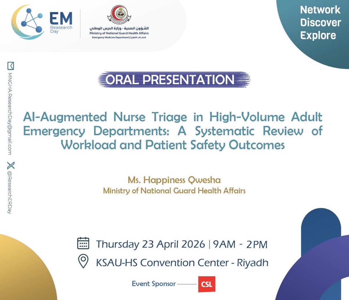 ResearchERDay's tweet photo. When Innovation meets Emergency Care ! 🚑🤖

Join Ms. Happiness Qwesha for an exciting oral presentation :

 “Al-Augmented Nurse Triage in High-Volume Adult Emergency Departments: A Systematic Review of Workload and Patient Safety Outcomes”

Don’t miss out, Be part of the future! https://t.co/7aq2KJSxKi