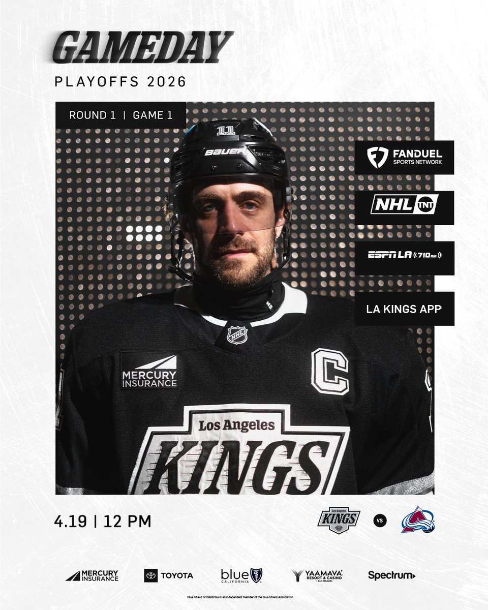 LAKings's tweet photo. GET UP, IT'S GAME ONE 😤

🆚 Colorado Avalanche
📍 Denver, CO
⏰ 11:30 AM PT tune in
📺 @FanDuelSN SoCal| @NHL_on_TNT
🎧 LA Kings App | @ESPNLosAngeles 710 AM
📲 https://t.co/B6zJyUitpb

#GoKingsGo https://t.co/l47YDmeL5s