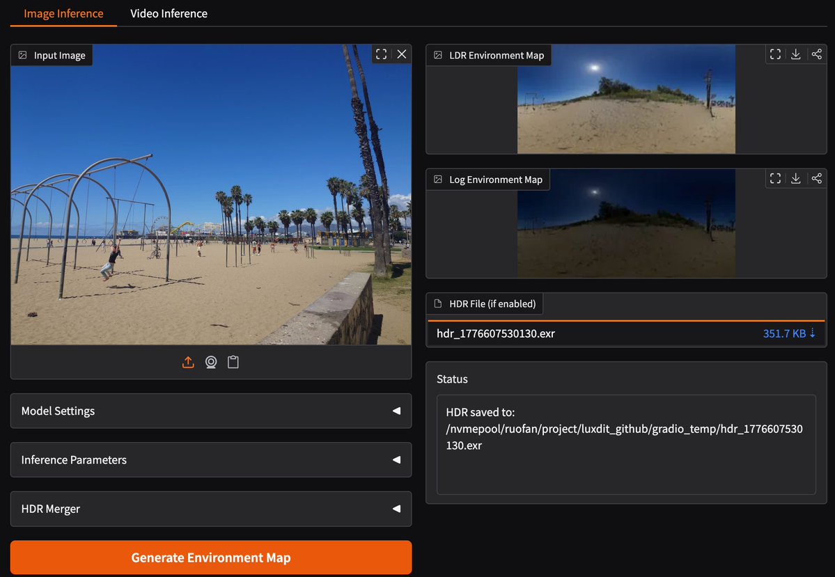 RfLiang's tweet photo. The code is out for LuxDiT! 🎉

LuxDiT allows you to estimate high-quality HDR environment maps from images or videos. You can use our released Gradio web UI to quickly try your input.

🗒️Code: https://t.co/YYUIqGTpjs
💾Model: https://t.co/EZKKs46IVh https://t.co/SyERG837Qd