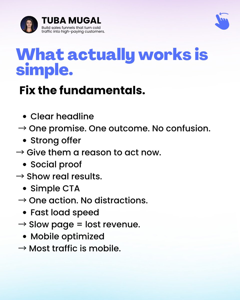 QueenFreel61710's tweet photo. Landing page optimization checklist: 

• Clear headline (1 promise)
• Strong offer (why now)
• Social proof
• One CTA
• Fast speed
• Mobile-first

No hacks. Just clarity. People scan → clarity and converts.

#LandingPage #Conversion #DTC #SaaS #Marketing #Growth https://t.co/a8lsi0f4I0