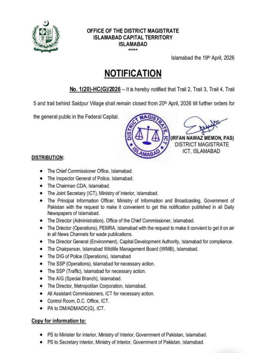 Trail 2, 3, 4, 5 and the trail behind Saidpur Village closed for the public from April 20, 2026 until further orders, Thank you