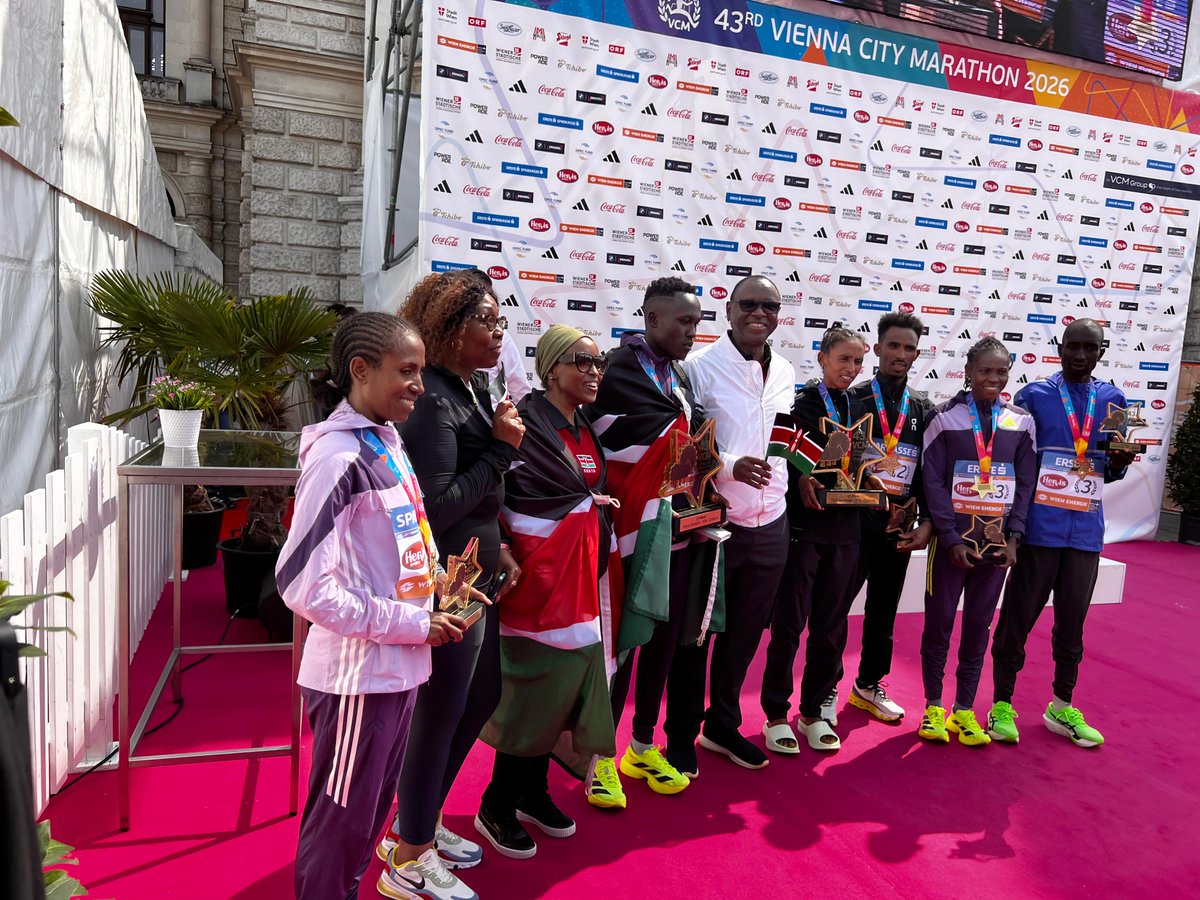 KenyaEmbVienna's tweet photo. Kenya’s marathon spirit lit up Vienna today! 🇰🇪 Fanny Kiprotich 1st (2:06:53), Charles Mneria 3rd (2:08:42) in men’s, and Helen Chepkorir 3rd in women’s (2:23:48) at the 43rd Vienna City Marathon. https://t.co/OGYiTuMjle