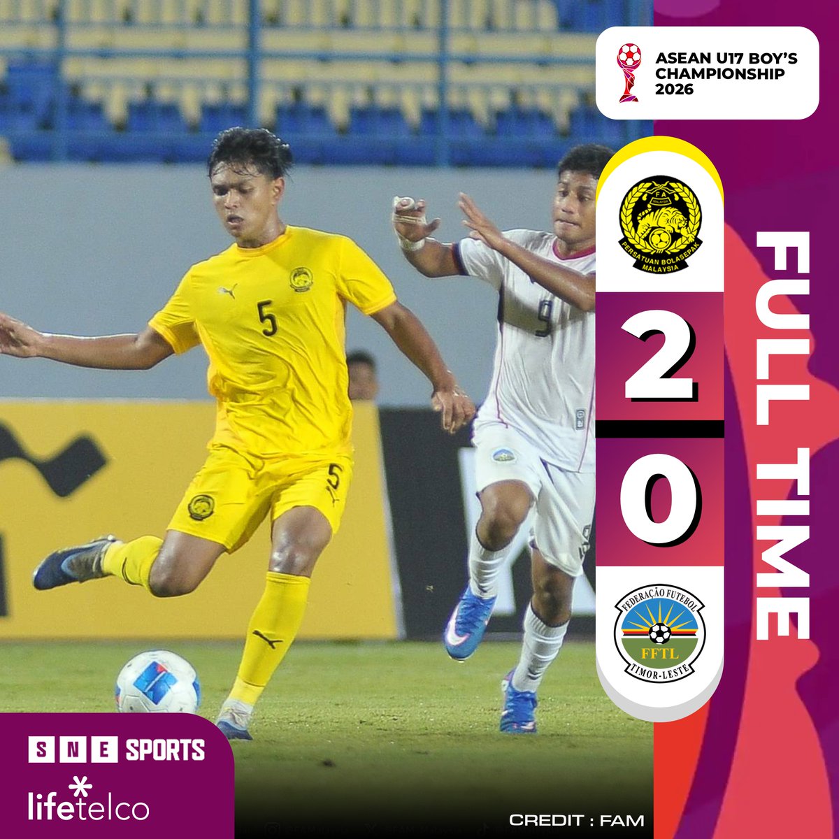 SNE_Sports's tweet photo. #ASEANU172026 Group Stage, Group A Matchday 3 Results
FT: Malaysia 2-0 Timor-Leste
β½οΈ 9' (MAS 1-0) Aniq Thaqif Hairulnizam
β½οΈ 51' (MAS 2-0) Adam Haikal Afiri
π²πΎ Malaysia reached semi-final as best 2nd runner-up
π· : FAM
#MASTLS #Malaysia #TimorLeste
#SNESports
#LifeTelco https://t.co/ZEF24m5eoO