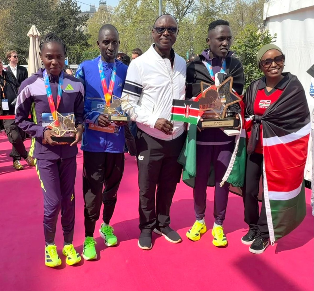 KenyaEmbVienna's tweet photo. Kenya’s marathon spirit lit up Vienna today! 🇰🇪 Fanny Kiprotich 1st (2:06:53), Charles Mneria 3rd (2:08:42) in men’s, and Helen Chepkorir 3rd in women’s (2:23:48) at the 43rd Vienna City Marathon. https://t.co/OGYiTuMjle