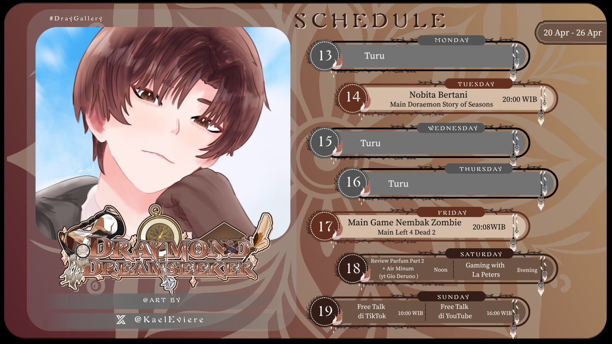 draydseeker's tweet photo. Hi Guys 👋
Ini jadwal Dray untuk 20-26 April yaa…
Jadwal masih bisa berubah ya sewaktu-waktu, hehe…

Art by @KaelEviere
Template schedule by @Maori_Sikai

Hastag:
General: #draydseeker
Live: #DrayOnAir
Clip: #DrayClips
FanArt: #DrayGallery
Meme: #DrayMeme https://t.co/BKvEFsKHMl