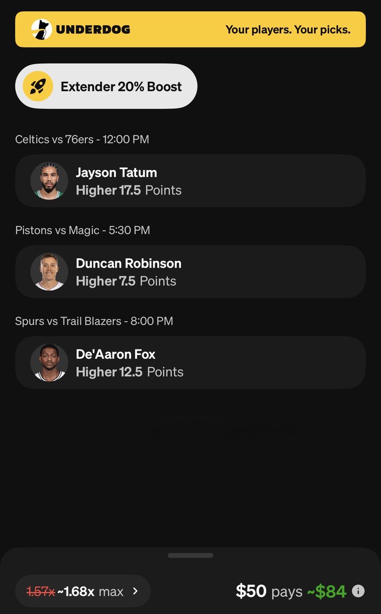 smart_parlays's tweet image. NBA Smart Parlay 2 Underdog 🏀🚀

Jayson Tatum 18+ Points
 ~ (Hit: L8/10)
 ~ Hit Rate: 87%
Duncan Robinson 8+ Points
 ~ (Hit: L10/10)
 ~ Hit Rate: 89%
De'Aaron Fox 13+ Points
 ~ (Hit: L7/10)
 ~ Hit Rate: 79%

$50 ➡️ $84

#MLB #NBA #Basketball #Bets #Betting #Cash #Lotto