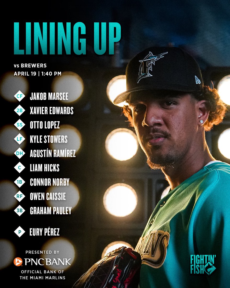 A teal kind of Sunday.

🤝: <a href="/PNCBank/">PNC Bank</a> 
📺: Marlins.TV 
👂: <a href="/MarlinsRadio/">Marlins Radio Network</a>, <a href="/radiomambi710/">Radio Mambi 710 🎙</a>, <a href="/1043wqam/">104.3 WQAM</a> 
⏰: 1:40 PM ET     
🏟️: Roof status: CLOSED

#FightinFish // marlins.com/tickets