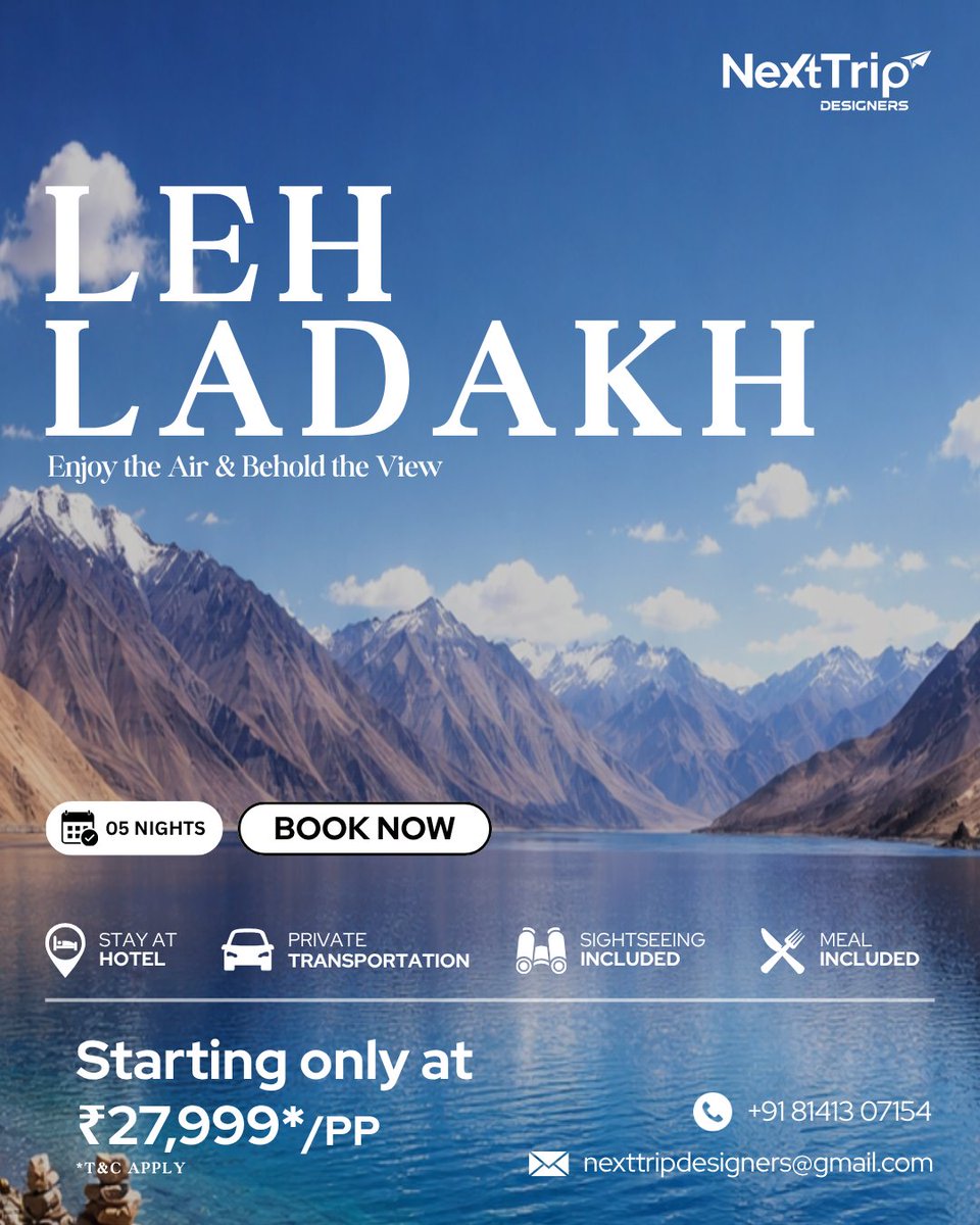 Nexttrip_07's tweet image. Lost in the land where roads touch the sky and silence speaks louder than words 🏔️✨
Leh–Ladakh isn’t a place.

📩 DM @Nexttrip_07 to plan your Leh Ladakh Getaway!
📞 Call/WhatsApp: 8141307154 for more info!

#leh #ladakh #lehladakh #mountains #nexttripdesigners