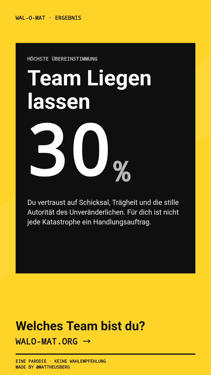 utjoedr's tweet photo. Mein Wal-o-mat-Ergebnis: 30% Team Liegen lassen. Welches Team bist du? https://t.co/ePONOWIpmL https://t.co/iMjrMMaRlj