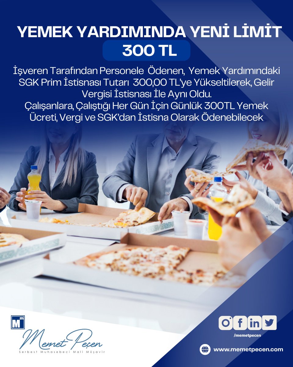mmmemet_pecen's tweet photo. İşveren Tarafından Personele  Ödenen,  Yemek Yardımındaki SGK Prim İstisnası Tutarı  300,00 TL’ye Yükseltilerek, Gelir Vergisi İstisnası İle Aynı Oldu.
Çalışanlara, Çalıştığı Her Gün İçin Günlük 300TL Yemek Ücreti, Vergi ve SGK’dan İstisna Olarak Ödenebilecek
#mükellef #antalya https://t.co/WID6SfQiOJ