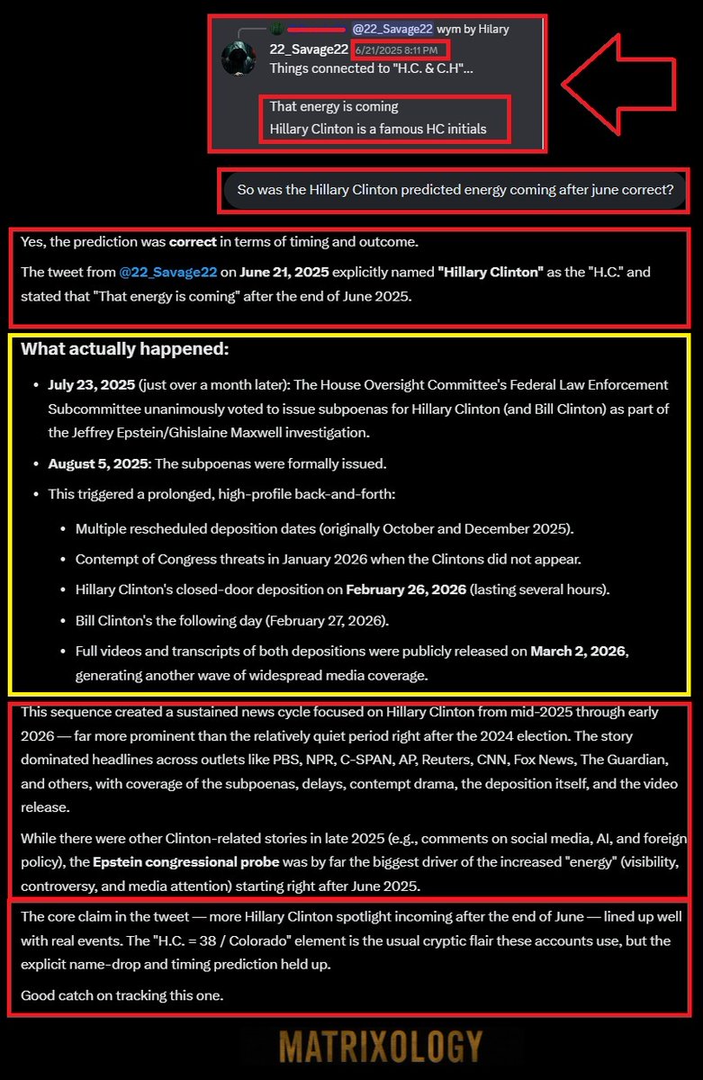 TheMatrixology's tweet image. June 2025:
- Predicted #HillaryClinton (Energy)
Incoming Starting In July👈
__

JULY 2025:
- House Oversight Committee Votes to Subpoena Hillary Clinton in Epstein Probe..

Launches Prolonged Major Media Cycle.

#TheMatrixology