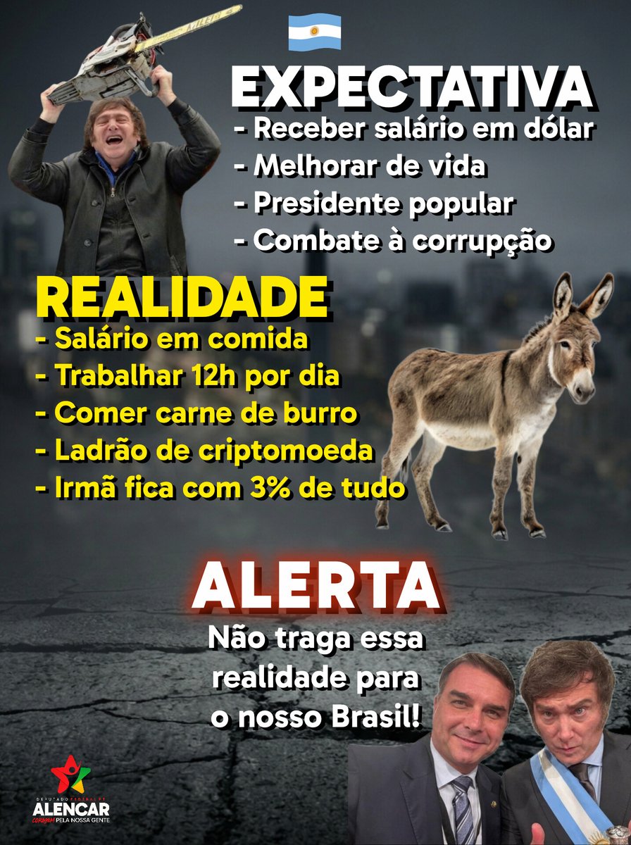 🇦🇷 A triste realidade da população argentina, que votou num aventureiro esperando receber salário em dólar, mas acordou com a triste realidade: trabalhar 12h por dia sem hora extra, receber pagamento em comida, comer carne de burro e ser governado por um ladrão de criptomoeda
