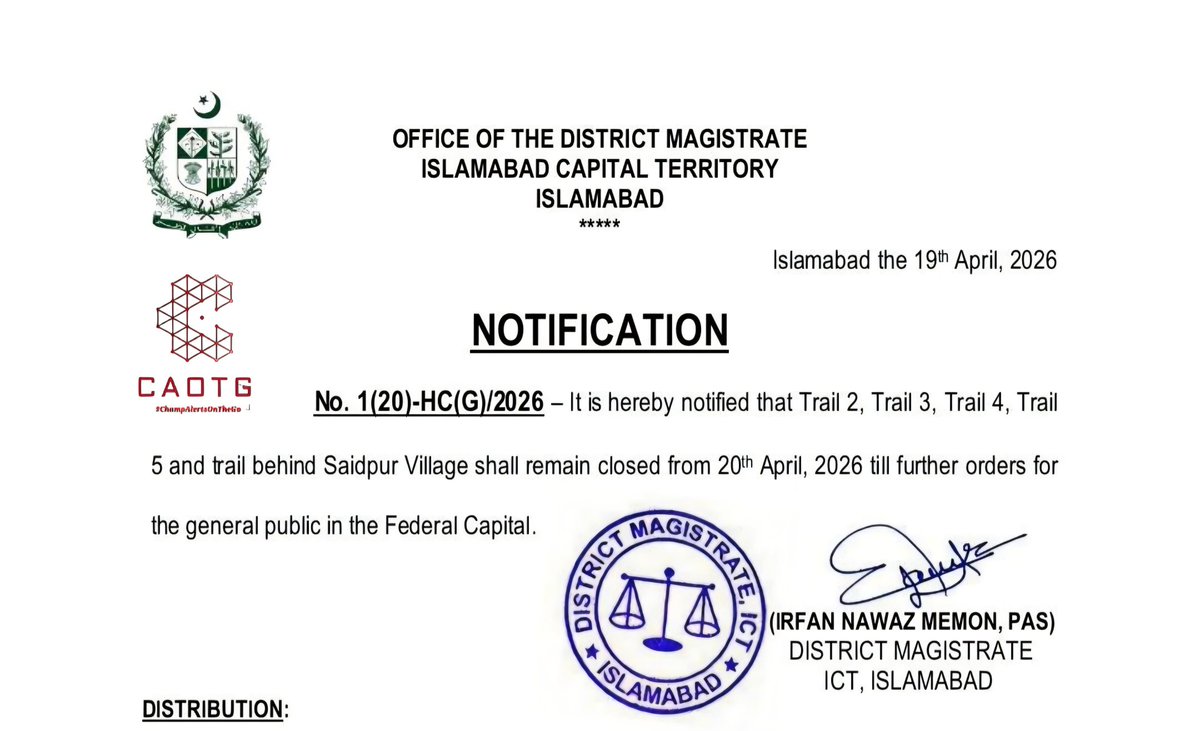 shaheryarhassan's tweet image. #Islamabad: Hiking Trails Closed from 20th April 2026 till further orders #ChampAlertsOnTheGo #CAOTG #IslamabadTalks Phase 2
Trail 2,3,4,5, and the trail behind Saidpur Village will remain closed for the general public. 
Citizens are requested to avoid visiting these trails and