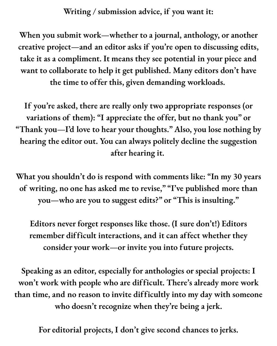 DBrookshire's tweet image. Writing / submission advice for anyone who wants to read!  Remember, don’t be a jerk. 

#writers #poets #writingadvice #writertips