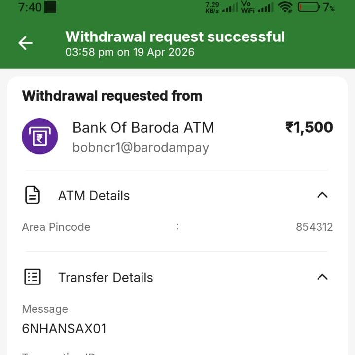 Iamshashikantkr's tweet image. आज @bankofbaroda के ATM से @PhonePe  के जरिए ₹1500 #Cardless_cash_withdrawals  की कोशिश की। मेरे #SBI खाते से पैसे कट गए हैं ,लेकिन ATM से पैसे नहीं निकले और मशीन ने 'Transaction Declined' दिखाया।
ATM ID: 6NHANSAX01
​Ref No: 8163
UTR: 192032020835
@RBIsays @TheOfficialSBI @RBI