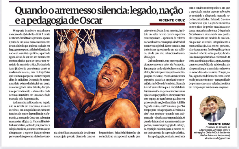 Leia na edição de domingo e segunda-feira (19/20/4), no jornal A Gazeta - Coluna Dossiê IDAM - artigo “Quando o arremesso silencia: legado, nação e a pedagogia de Oscar”. Imperdível!