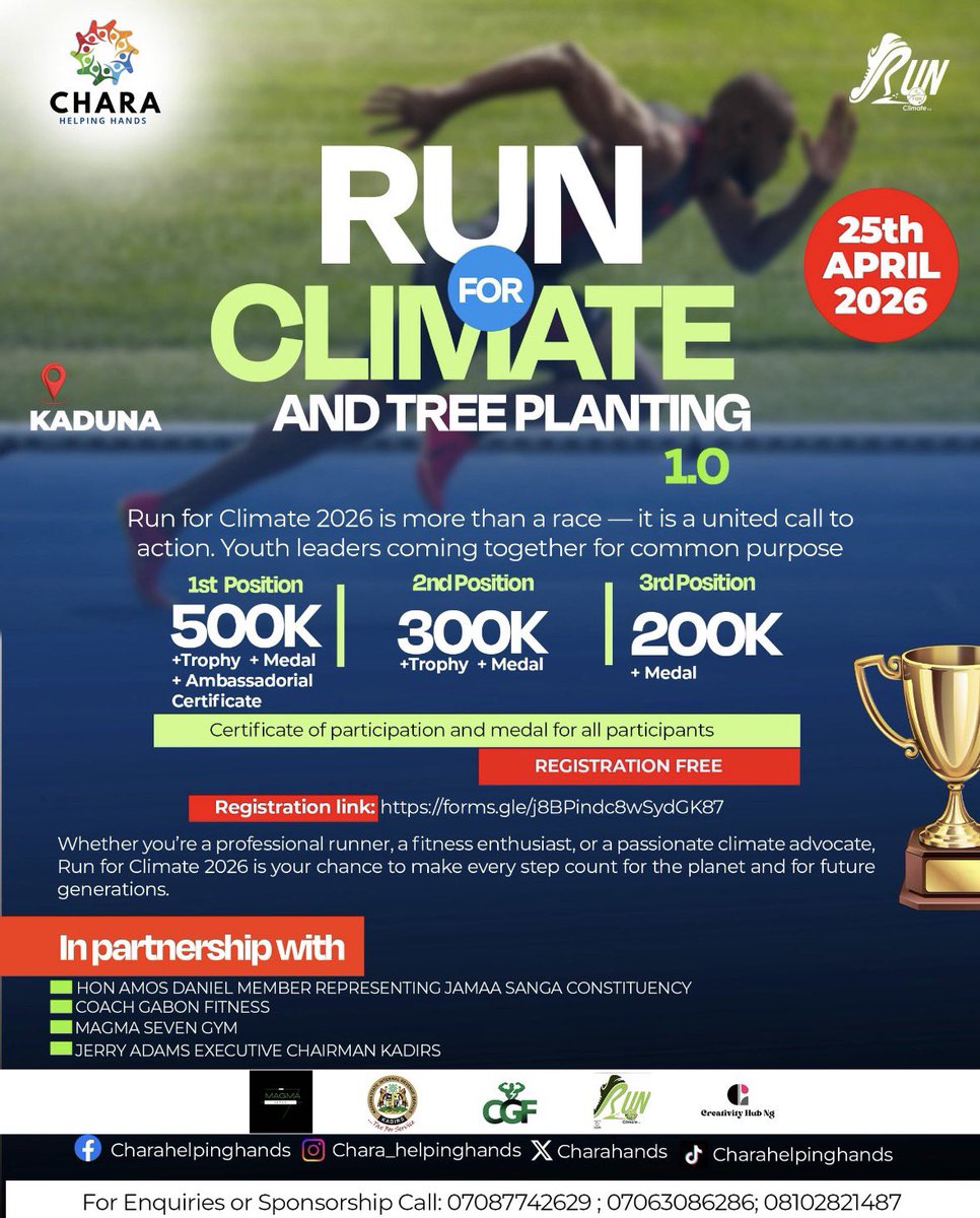 Charahands's tweet photo. The countdown begins ⏳
This Saturday, April 25, 2026, we brings you the Run of Climate &amp; Tree Planting 1.0 a movement to drive awareness and action on climate change.

To our runners, partners, and supporters, we’re ready.

Kaduna, it’s time. https://t.co/z6XCUCj7SF