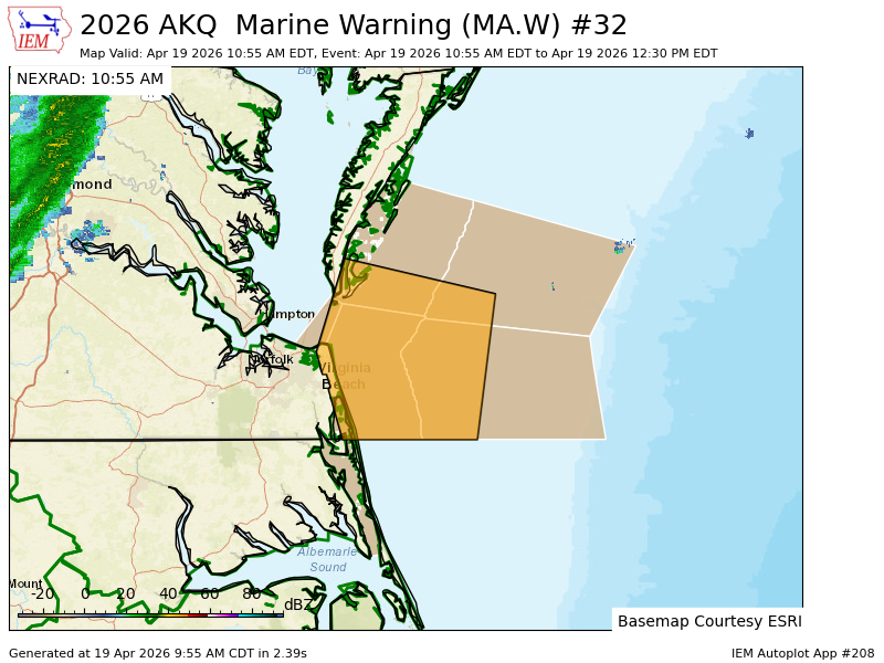 AKQ issues Marine Warning [wind: >34 KTS, hail: 0.00 IN] for 6 forecast zones in [AN] till Apr 19, 12:30 PM EDT mesonet.agron.iastate.edu/vtec/f/2026-O-…