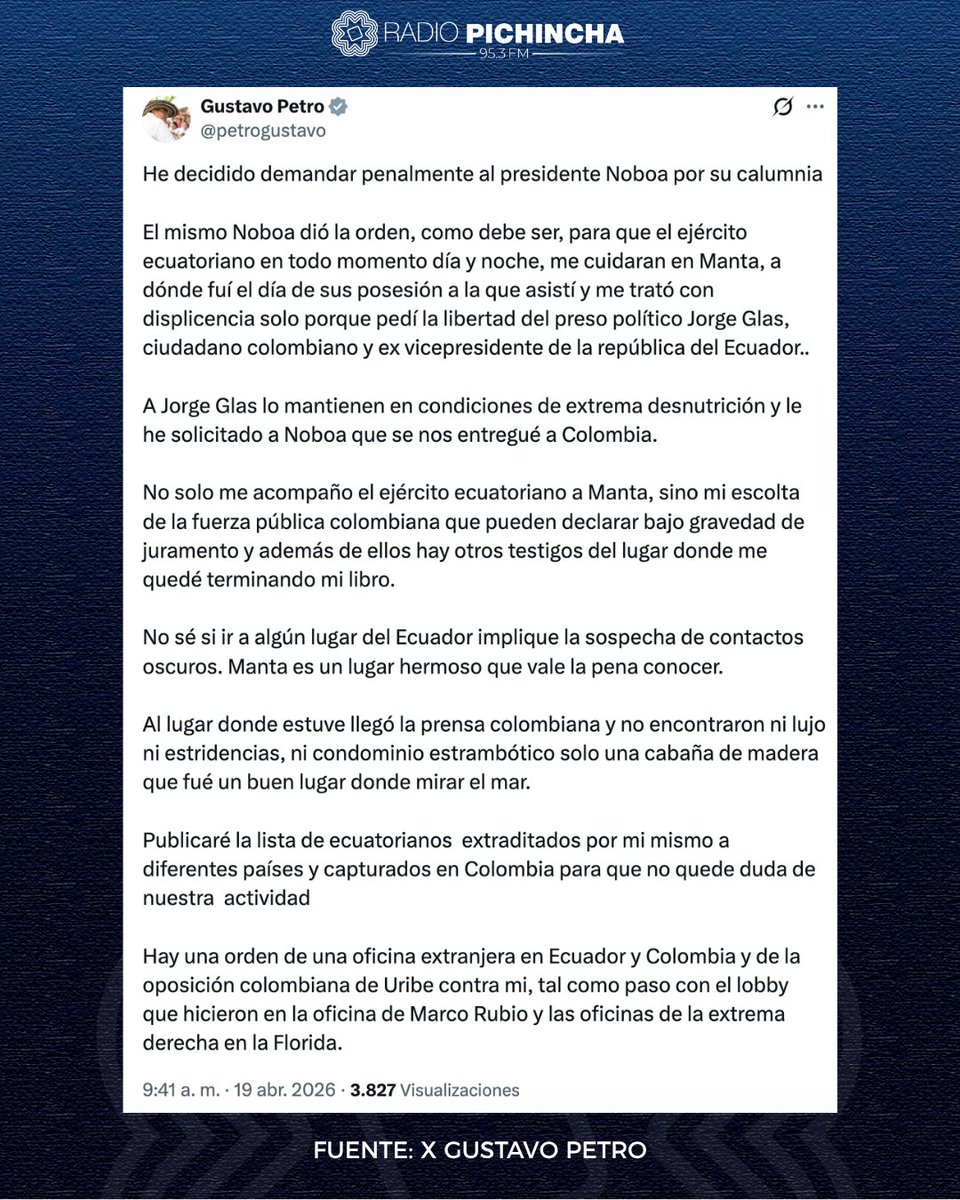 radio_pichincha's tweet image. 🛑#Atención | El presidente de #Colombia, Gustavo Petro, anunció que demandará penalmente a Daniel Noboa por calumnia, tras la polémica por su visita a Manta. Aseguró que contó con seguridad del Ejército ecuatoriano y su propia escolta, negando cualquier vínculo irregular, y