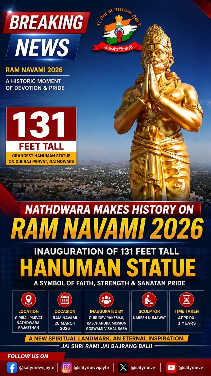 satymevvijayte's tweet image. Ram Navami 2026 made history in Nathdwara 🚩
A massive 131-ft Hanuman statue unveiled on Giriraj Parvat 🙏
3 years of dedication now a new spiritual landmark

Faith meets grandeur. Devotion meets legacy.

Jai Bajrangbali 🔥
#RamNavami #Hanuman #Nathdwara #Rajasthan #BreakingNews