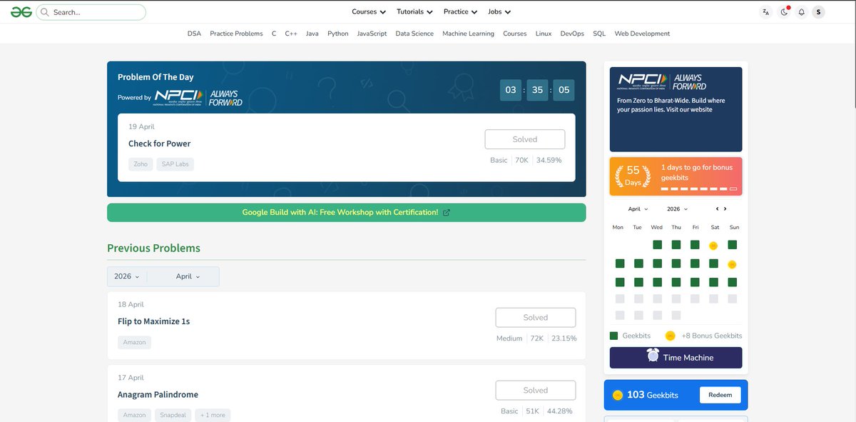 Saara729797's tweet image. 🔥 Day 55/60 – #GeeksforGeeks × #NPCI POTD Challenge

✅ Day 55 solved — Check for Power
🎯 Mission: 60 days straight
💻 Focused on Math Logic + Edge Cases
#Day55 #60DaysOfCode #DSA #Coding #Programming #Java #Math #DeveloperJourney 🚀
