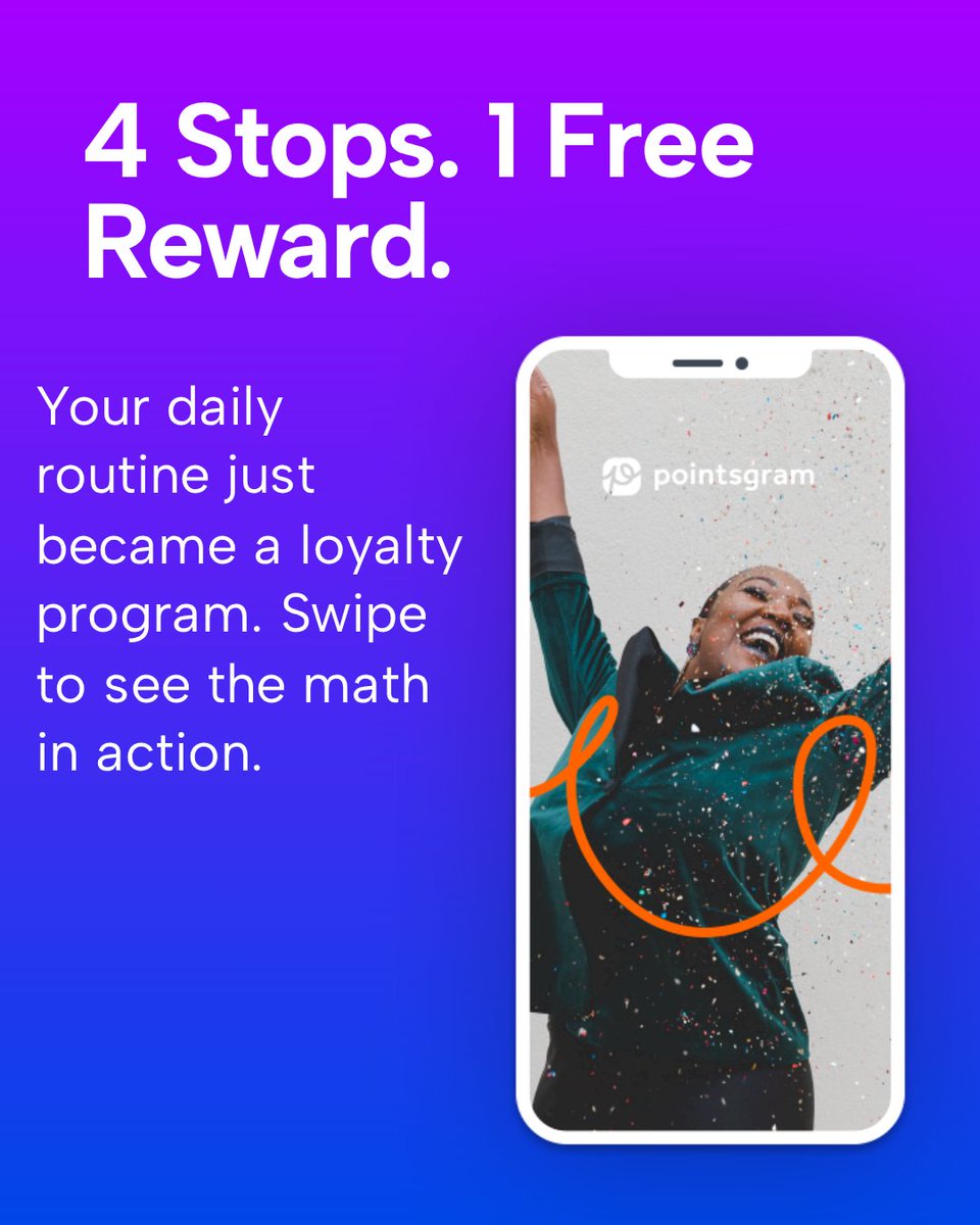 pointsgram's tweet image. 4 stops. 1 free reward.
A step-by-step storyboard demonstrating the customer journey from earning at multiple small shops to a final big redemption.
 #rewards #shoplocal #retention #community #supportlocal #pointsgram #loyalty