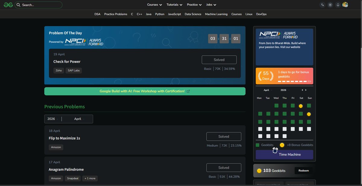 theshubham1102's tweet image. 🔥 Day 55/60 – #GeeksforGeeks × #NPCI POTD Challenge

✅ Day 55 solved — Check for Power
🎯 Mission: 60 days straight
💻 Focused on Math Logic + Edge Cases
#Day55 #60DaysOfCode #DSA #Coding #Programming #Java #Math #DeveloperJourney 🚀