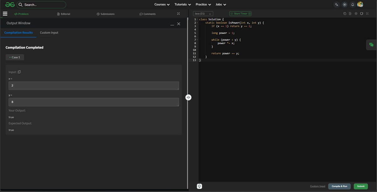 theshubham1102's tweet image. 🔥 Day 55/60 – #GeeksforGeeks × #NPCI POTD Challenge

✅ Day 55 solved — Check for Power
🎯 Mission: 60 days straight
💻 Focused on Math Logic + Edge Cases
#Day55 #60DaysOfCode #DSA #Coding #Programming #Java #Math #DeveloperJourney 🚀