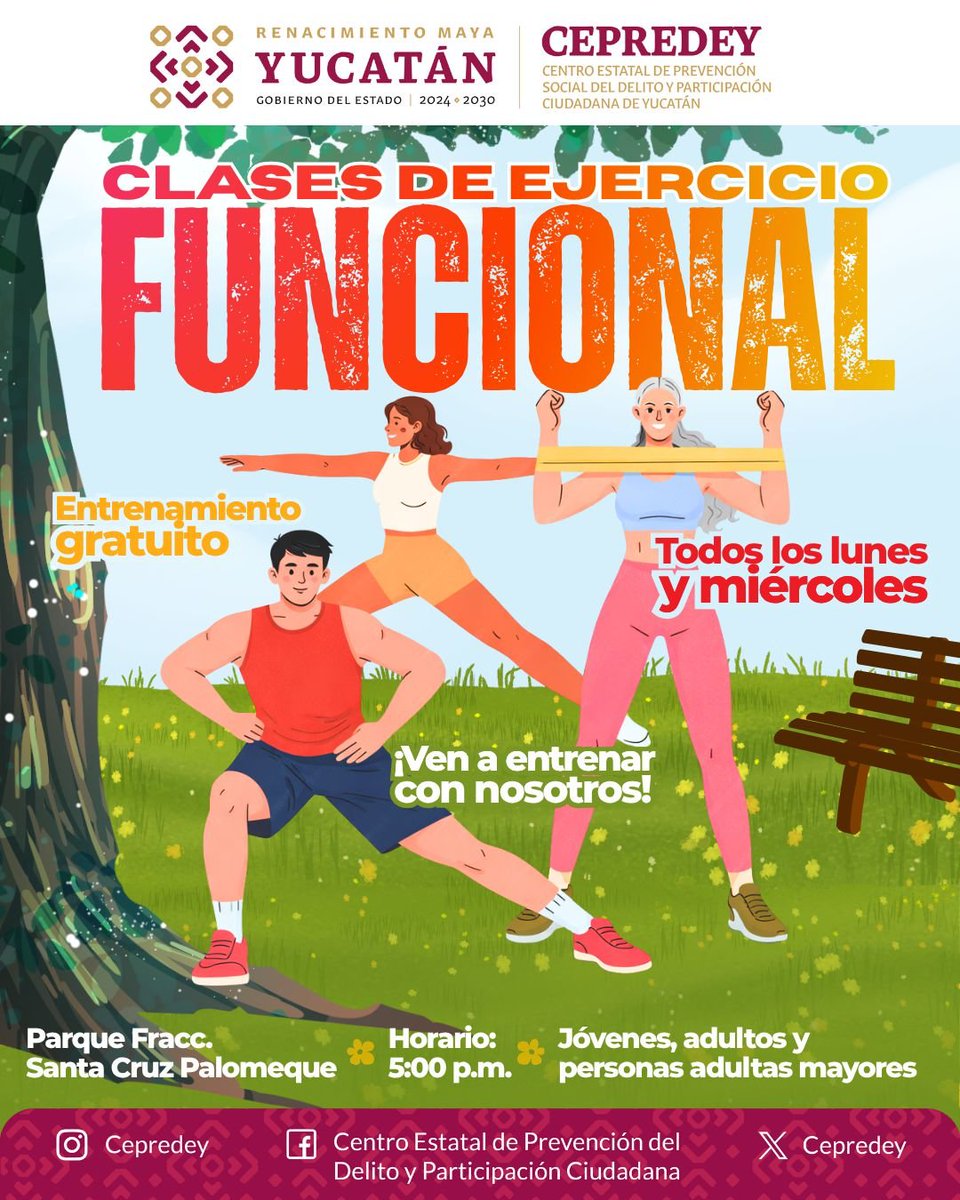 <a href="/cepredey/">Centro Estatal de Prevención del Delito</a> te invita a activarte con clases de ejercicio funcional

Entrenamiento gratuito
📍 Parque Fracc. Santa Cruz Palomeque
🕔 Lunes y miércoles | 5:00 p.m.