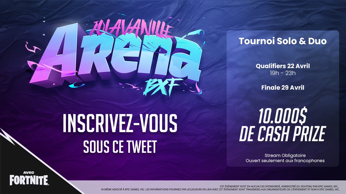 JoLaVanille's tweet image. Le nouveau mode Aréna BoxFight est disponible sur Fortnite et pour l'occasion on organise un gros tournoi #JolavanilleArena :

🧍 32 joueurs francophones sélectionnés
🏆 2 tournois - solo &amp;amp; duo
💰 10.000$ de cashprize
👉 Qualification en finale Européenne
🗓 Mercredi 22 avril