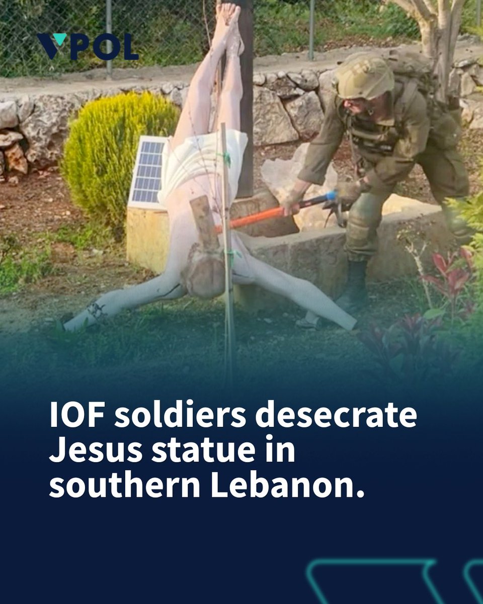 VocalPolitics1's tweet photo. Pictures circulating online show an IOF soldier desecrating a statue of Jesus in southern Lebanon. The Israeli occupation has attacked many Muslim and Christian holy sites during their war of aggression.

#VPol https://t.co/3G0lxXPFLN