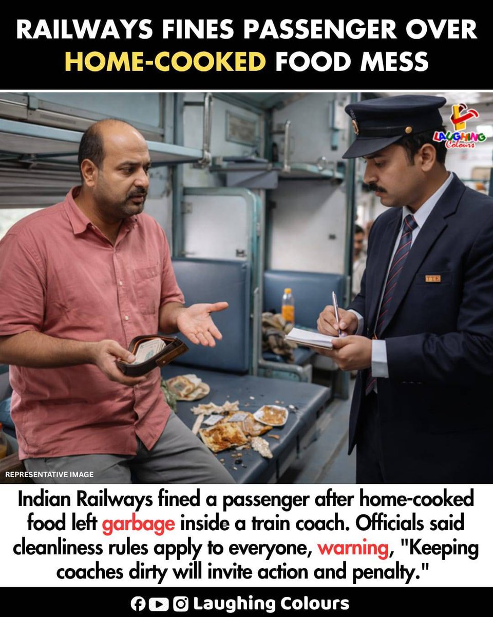 LaughingColours's tweet image. Passenger fined for train mess 🚆

#India #Railways #Cleanliness #News