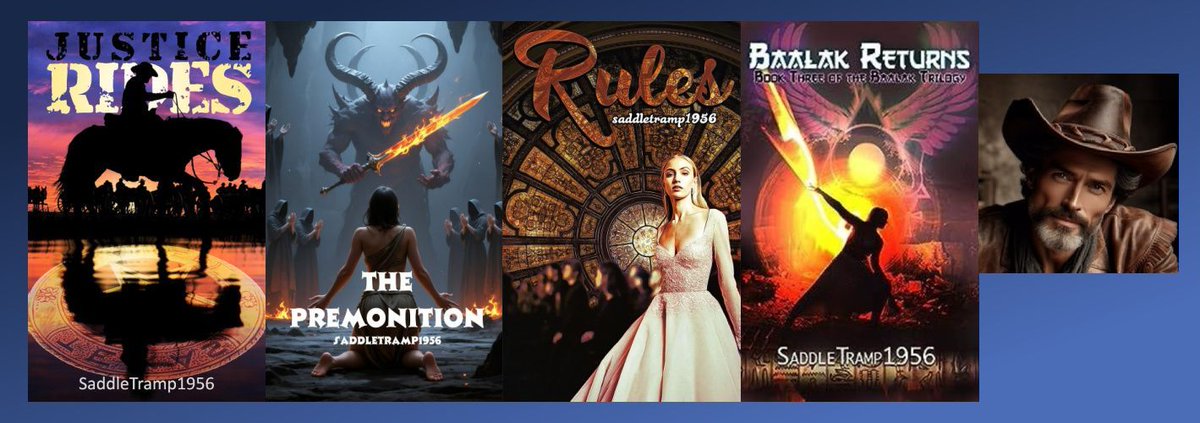 AvidReadersCafe's tweet image. Saddletramp 1956 is the #author of 11 books. 
"Justice Rides" #erotica #historical #romance
"Rules"
"Baalak Returns"
"The Premonition" #thriller
"Tabitha Prime" #scifi
independentauthornetwork.com/saddletramp-19… 
#amreading @ST56Universe #iartg #ian1