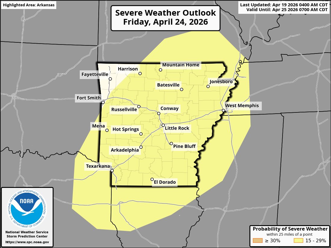 AustinBurkeswx's tweet image. We’ll be quiet for much of this week, but already keeping a close eye on Friday for the threat for strong to severe storms.  

Already a low severe risk for most of Arkansas. Still too early for the exact details, so stay tuned this week. #arwx #Arkansas #weather