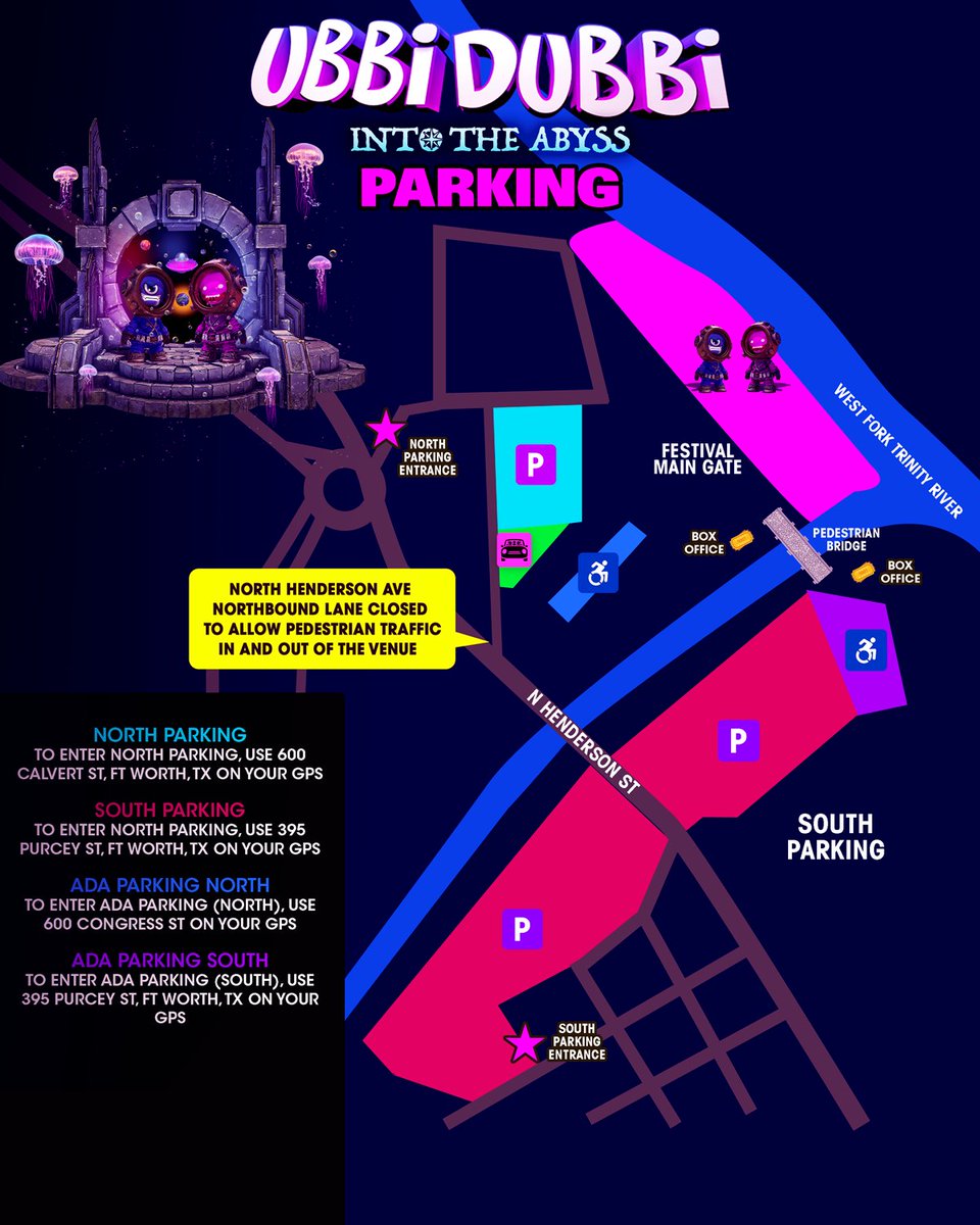 UbbidubbiFest's tweet photo. The Ubbi Dubbi 2026 Parking Map has surfaced! 🫧 Chart your arrival for the weekend to make your arrival smooth and stress-free!

🚗 Planning to drive? Parking lots open at 2:00 PM Friday and Saturday. Parking is $25 & can be purchased when you arrive! Cash, card, or Apple Pay accepted.