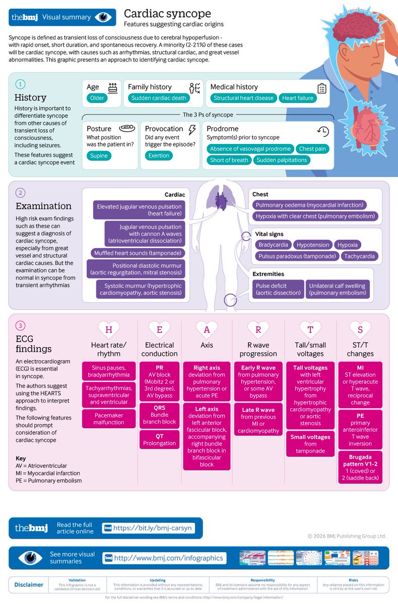bmj_latest's tweet image. Most syncope is not cardiac in aetiology, but cardiac syncope is a high risk subgroup. 

How can you spot this easily missed condition? This #BMJInfographic suggests an approach.

Read the article for more guidance ⬇️  #MedEd
bmj.com/content/393/bm…