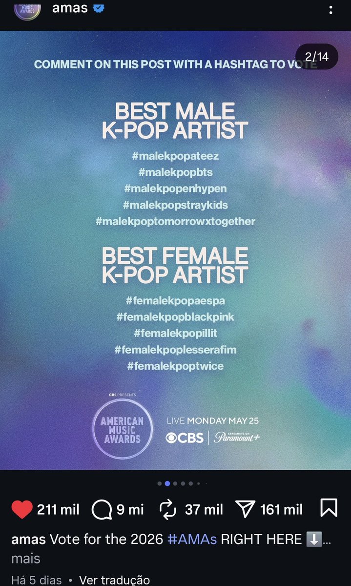 Oii ja Votaram hoje? Vc pode logar em várias contas pra votar no SITE do AMas

Site:
🖇:vote.theamas.com/best-male-k-po…

Insta:
🖇:instagram.com/p/DXHH2kplOBV/…

Votos no insta: 30 comentários por dia. 1 comentário vale 1 voto (nos dias 28 de abril e  5 de maio seu comentário vale 2 votos)