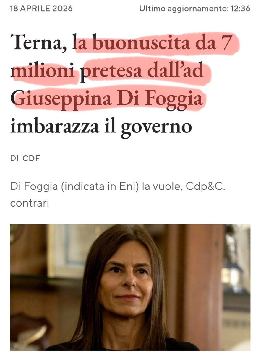 7 MILIONI di buonuscita PRETESA, capito? PRETESA dall'ad di Terna, Giuseppina Di Foggia per 3 anni di lavoro dopo che ha preso 2 MILIONI di stipendio l'anno!
Con la gente che fruga nell'immondizia per cercare da mangiare questa disgraziata PRETENDE 7 MILIONI DI EURO di buonuscita