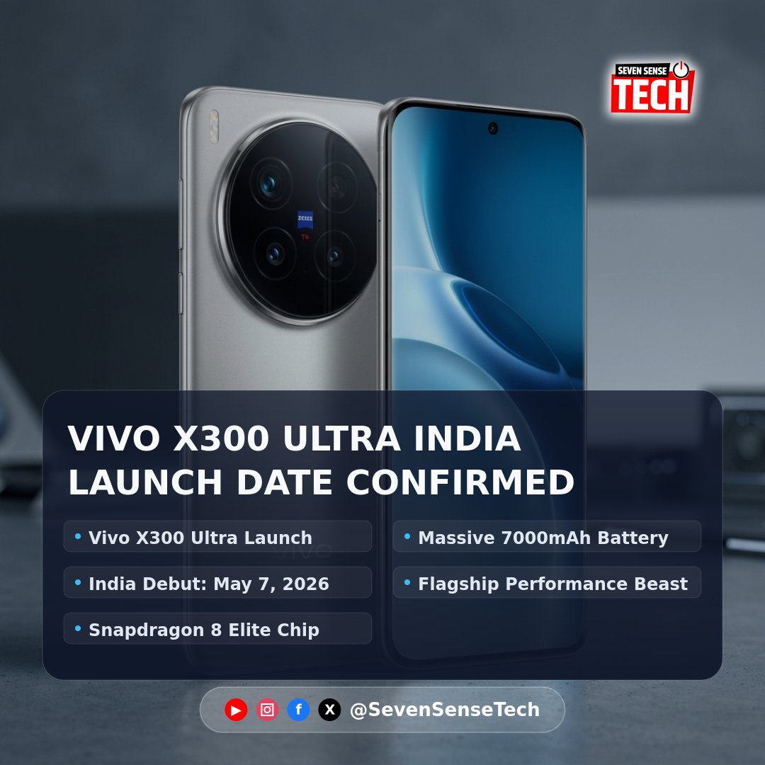 SevenSenseTech's tweet image. Vivo is bringing its ultimate flagship to India! 🇮🇳 The #VivoX300Ultra launches on May 7 with Snapdragon 8 Elite, a 200MP periscope lens, and a massive 7000mAh battery. The new king of mobile photography? 📸✨ #Vivo #SmartphoneLaunch #TechNews #India