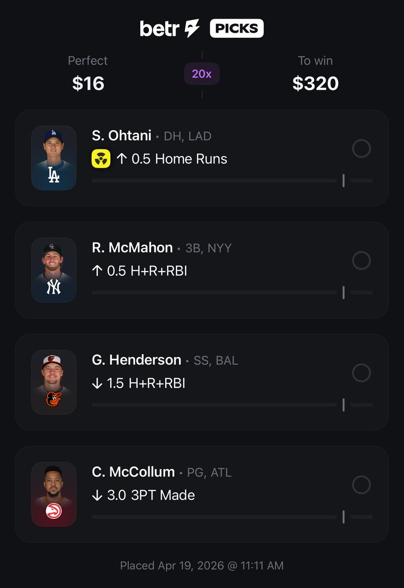 GhostEVplays's tweet image. 🏀 Betr Picks MLB Ohtani Nuke Promo

⚾️ +1900 (FV +1689.71)
+EV: 11.80%
Playing: 0.10 Units

#betr #picks #sports #nba #mlb