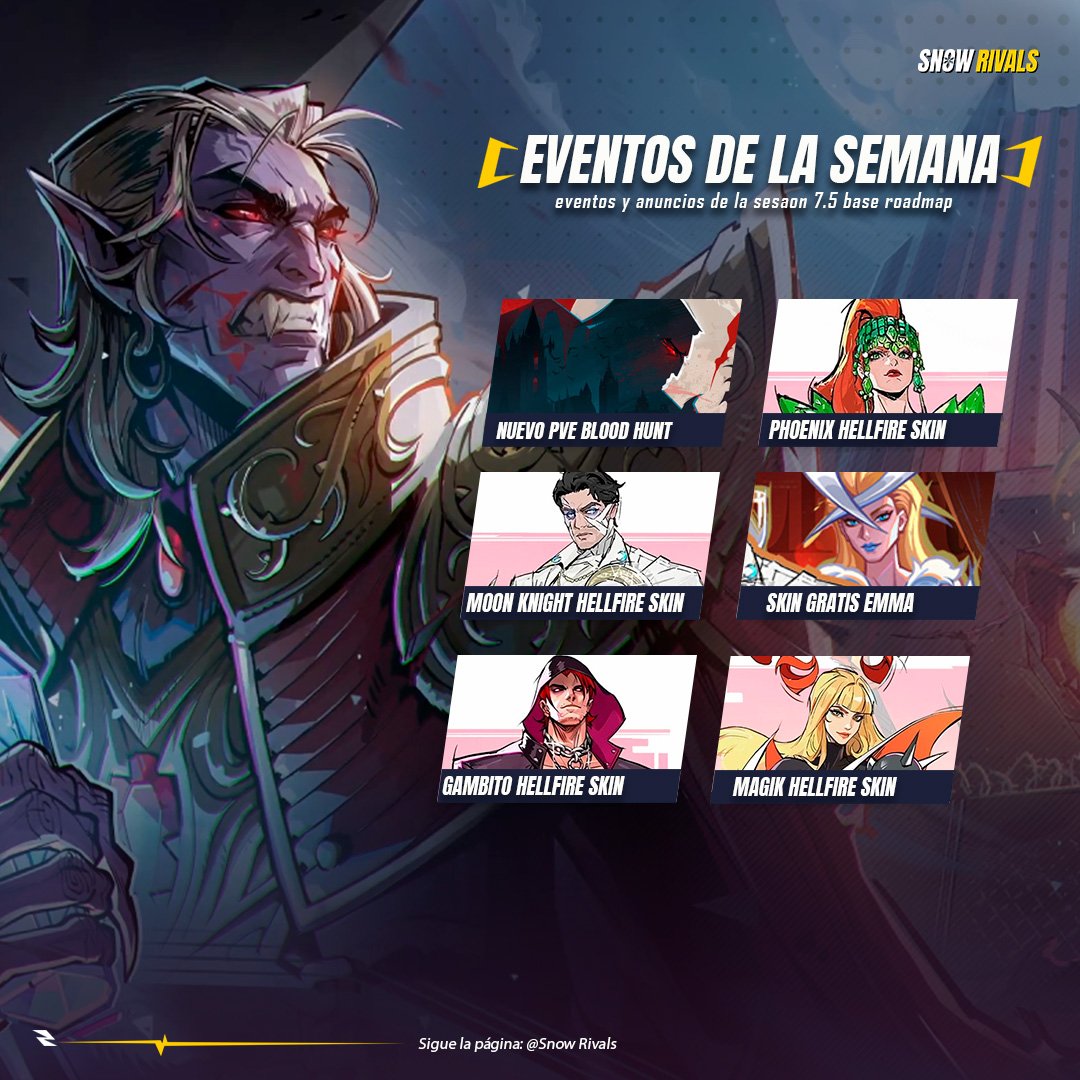 🔹EVENTOS DE LA SEMANA

- Modo PVE Blood Hunt
- Skin Gala Phoenix (Minipass)
- Skin Gala Moon Knight (Minipass)
- Skin Gala Emma Frost (Free)
- Skin Gala Gambito (Shop)
- Skin Gala Magik (Shop)
- Parche semanal 20260424

 #marvelRivals #marvelrivalslatam #marvelrivalsnews