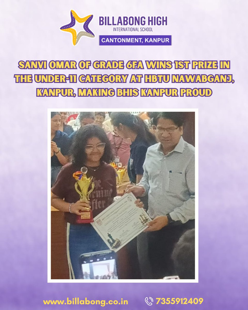 Sanvi Omar of Grade 6FA has made BHIS Kanpur proud by winning 1st Prize (Under-11) at HBTU Nawabganj, Kanpur. It’s not just a medal. It’s a reflection of grit, passion, and the courage to aim higher.

To Sanvi - Keep chasing, keep winning, keep inspiring.