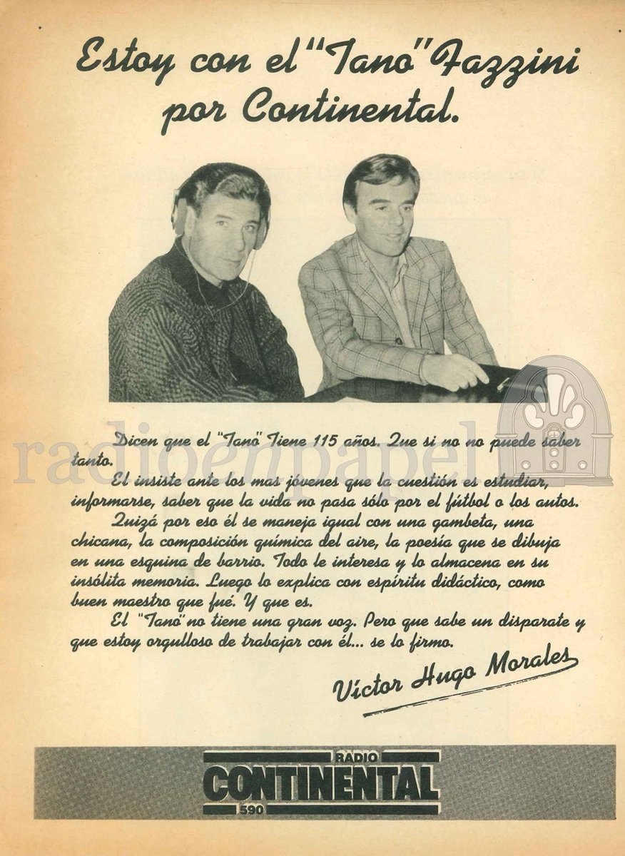 RadioenPapel's tweet image. Hoy hay #SuperClasico en el Más Monumental. Lo veo en la tablet. Lo escucho por la radio. Lejos, la mejor dupla.

📻 @Continental590
🎧 Competencia 5
🎙️ Víctor Hugo Juan "Tano" Fazzini y equipo.
🔎 El Gráfico, Octubre 1988

#105añosderadio #radio #Afiches