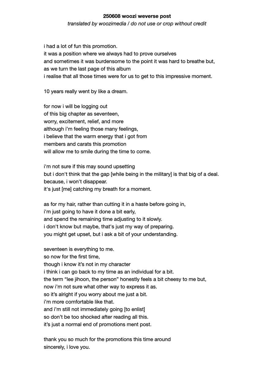 🗓️ 322 days ago woozi posted this letter on weverse after thunder promotions 🤍 #우지 

#woozi will be discharged from the military in 322 days